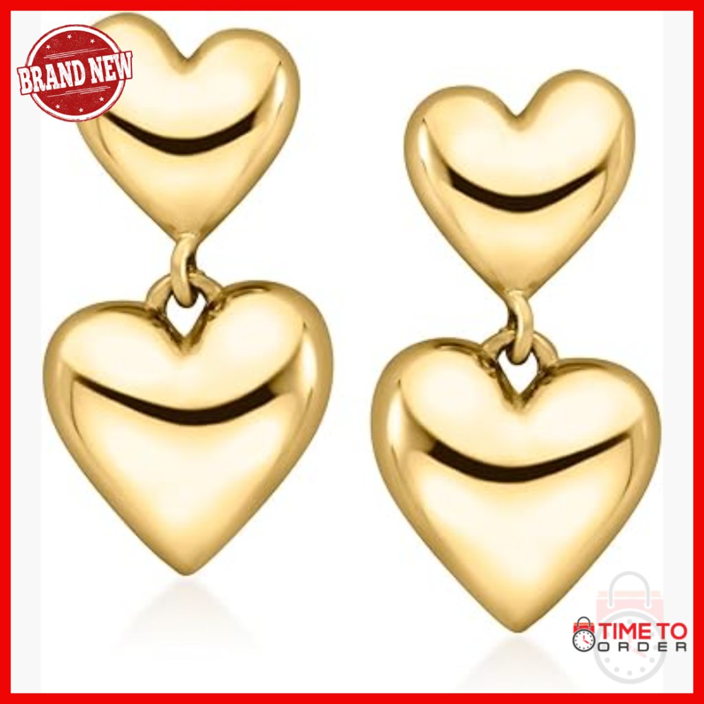 10kt Yellow Gold Double Heart Drop Earrings, 1/2 Inch Long, Post Back